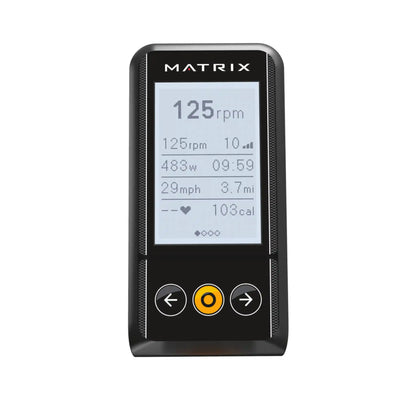 A black Matrix personal cycling console with a colour display screen showing cycling metrics, featuring three control buttons on the front, set against a plain white background.