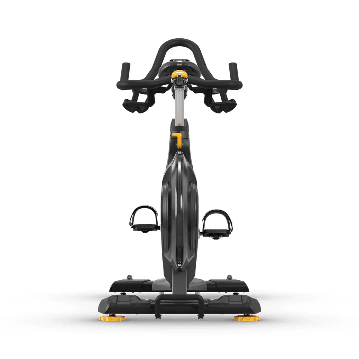 A stationary exercise bike with a black frame, black handlebars, and black pedals, accented with small yellow details on the console and feetpegs, shown against a plain white background.