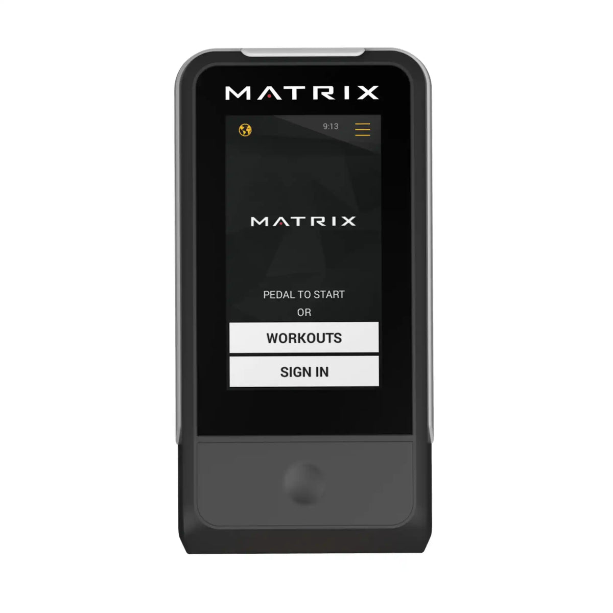 A Matrix digital workout device with a black and grey casing, featuring a screen displaying the 'MATRIX' app interface with options to start, workouts, or sign in.