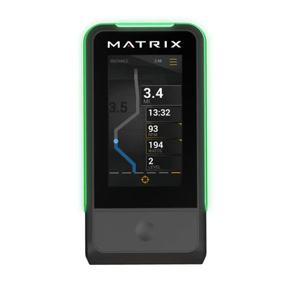 A black and gray MATRIX fitness tracker with a green LED light border, displaying running metrics on its screen against a white background.