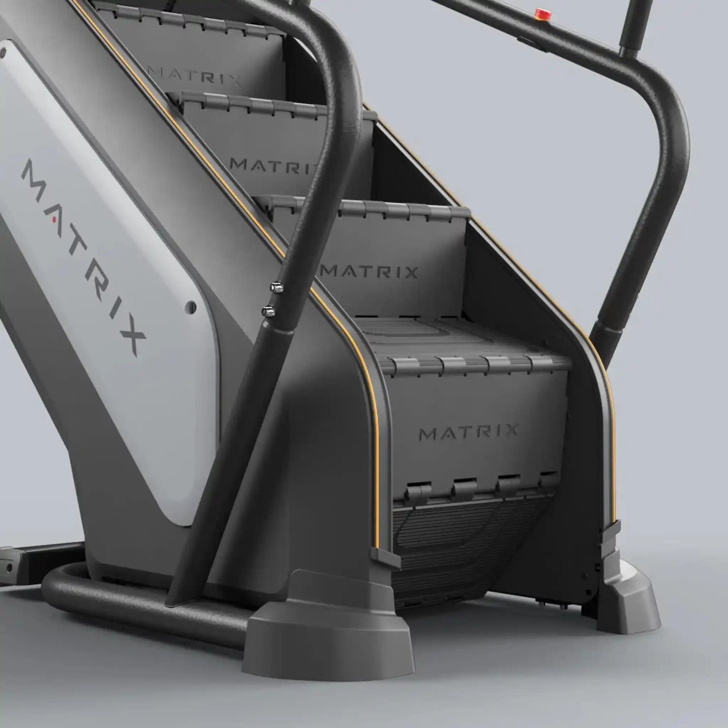 Close up of the stairs on a Matrix ClimbMill on a grey background