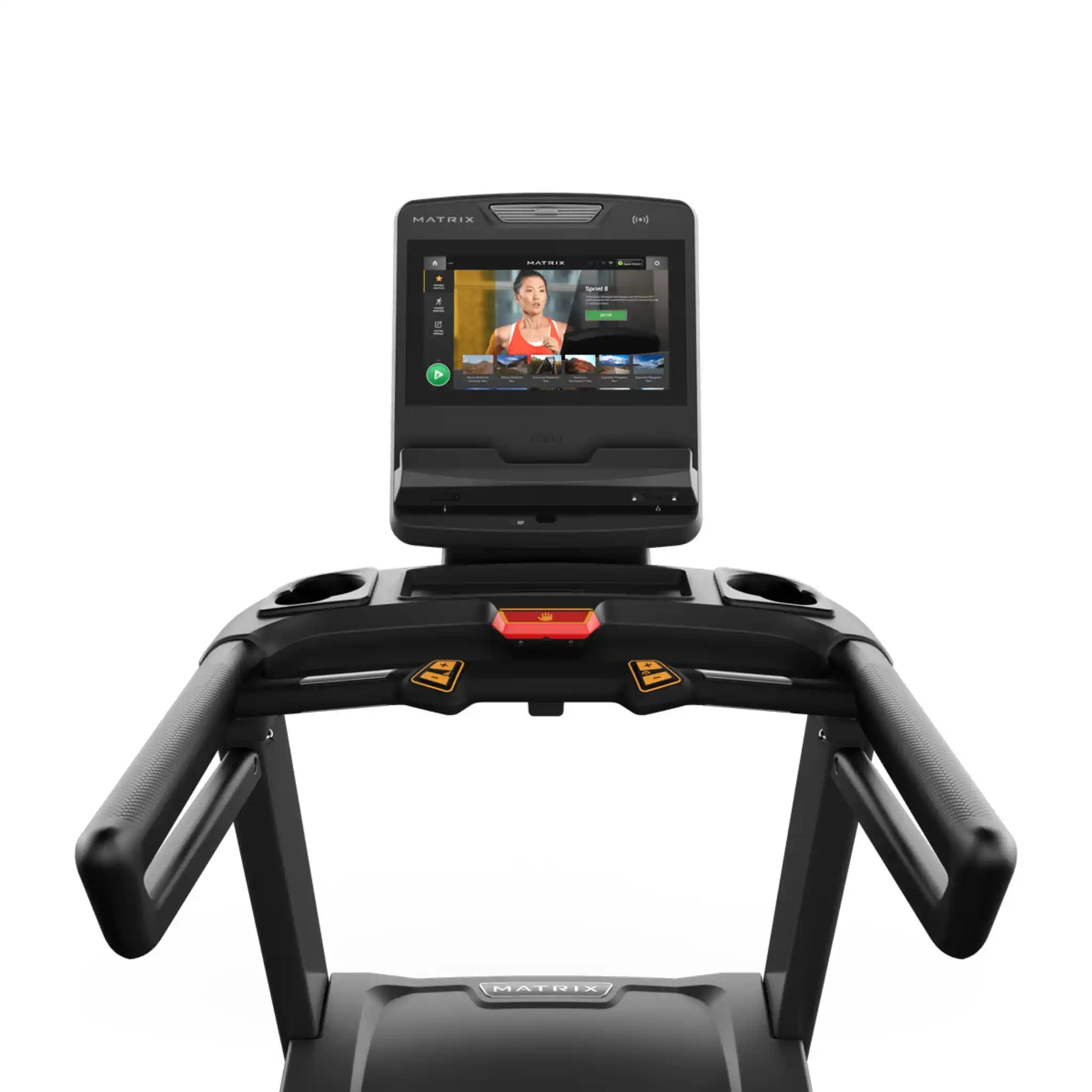 Treadmill with a large display screen on a white background
