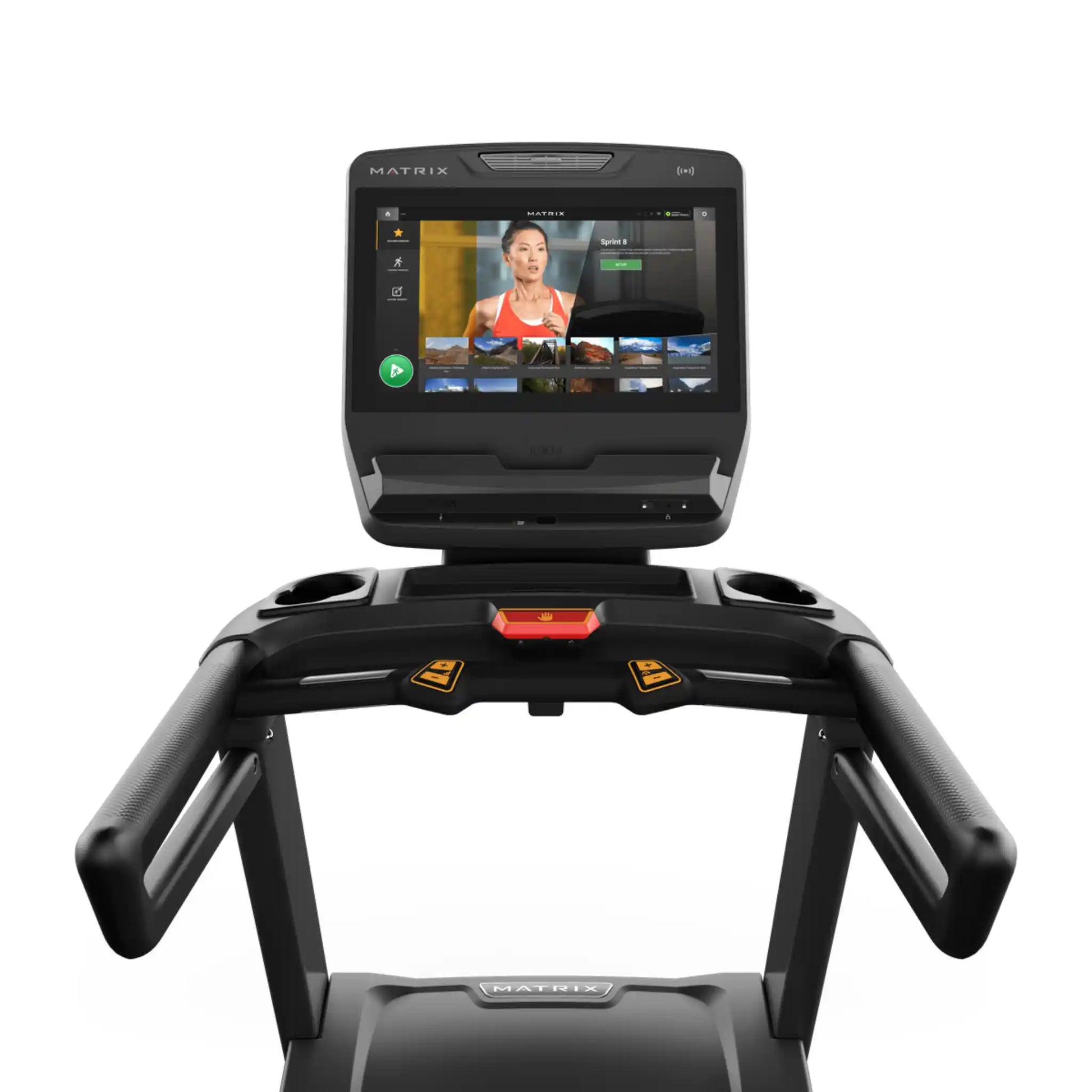 Treadmill with a screen displaying a person on a white background
