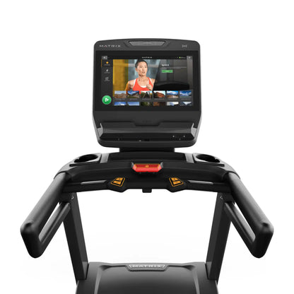 Treadmill with a screen displaying a person on a white background