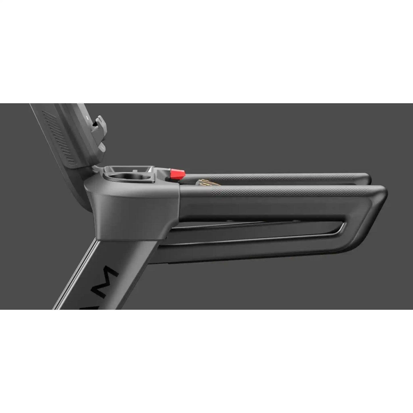 Close-up of a treadmill with a focus on the handle and control panel.
