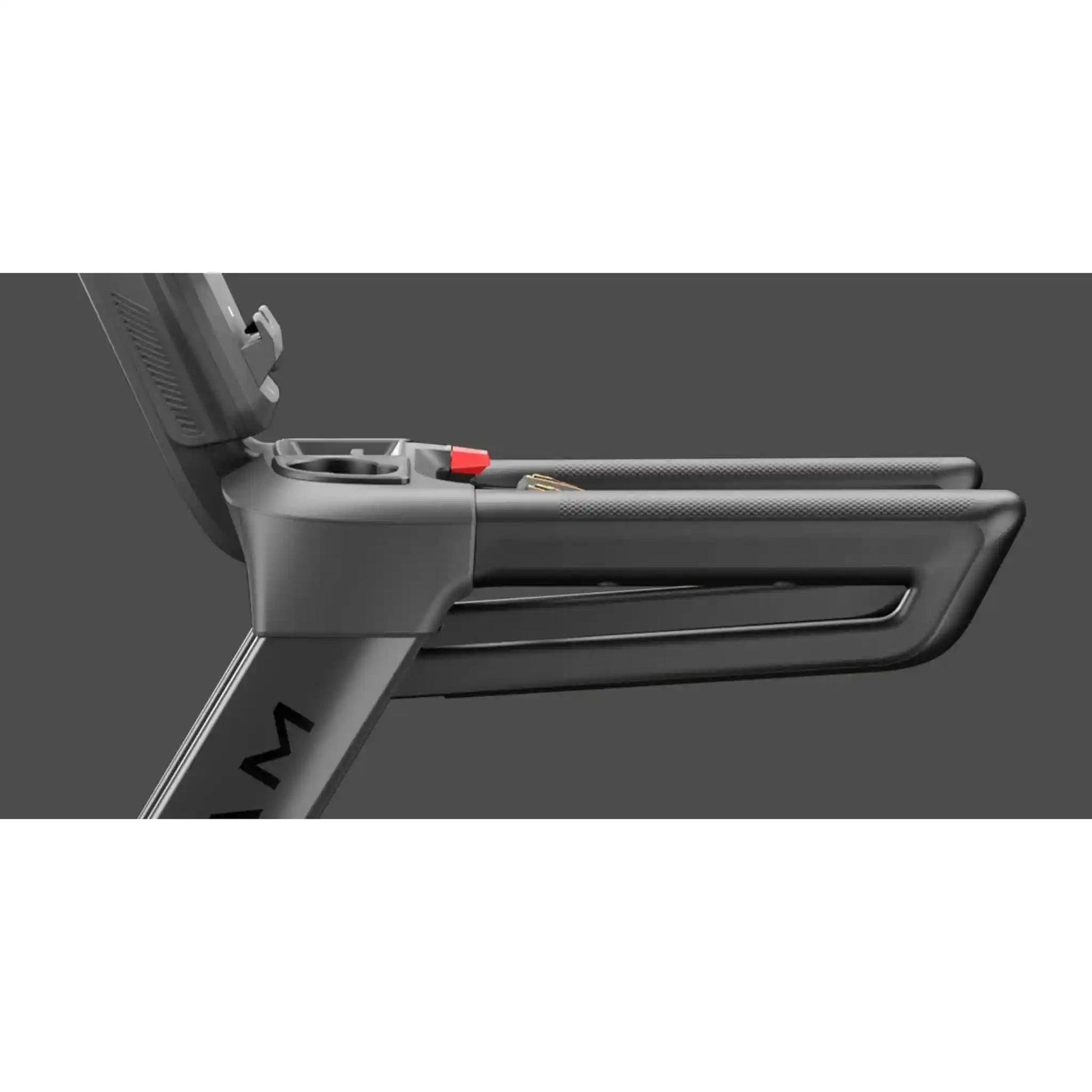 Close-up of a treadmill with a focus on the handle and control panel.