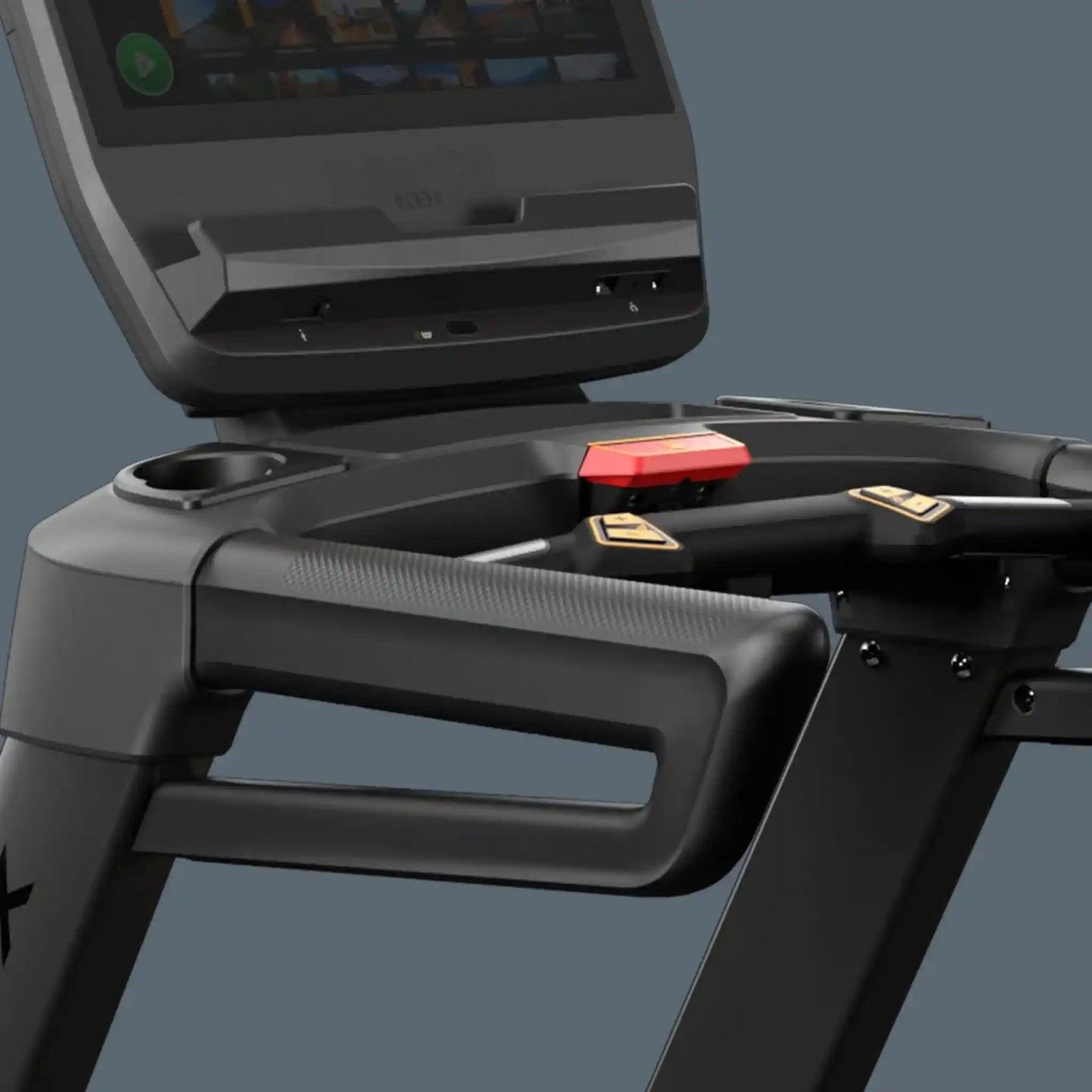 Treadmill with a digital display and control panel on a gray background