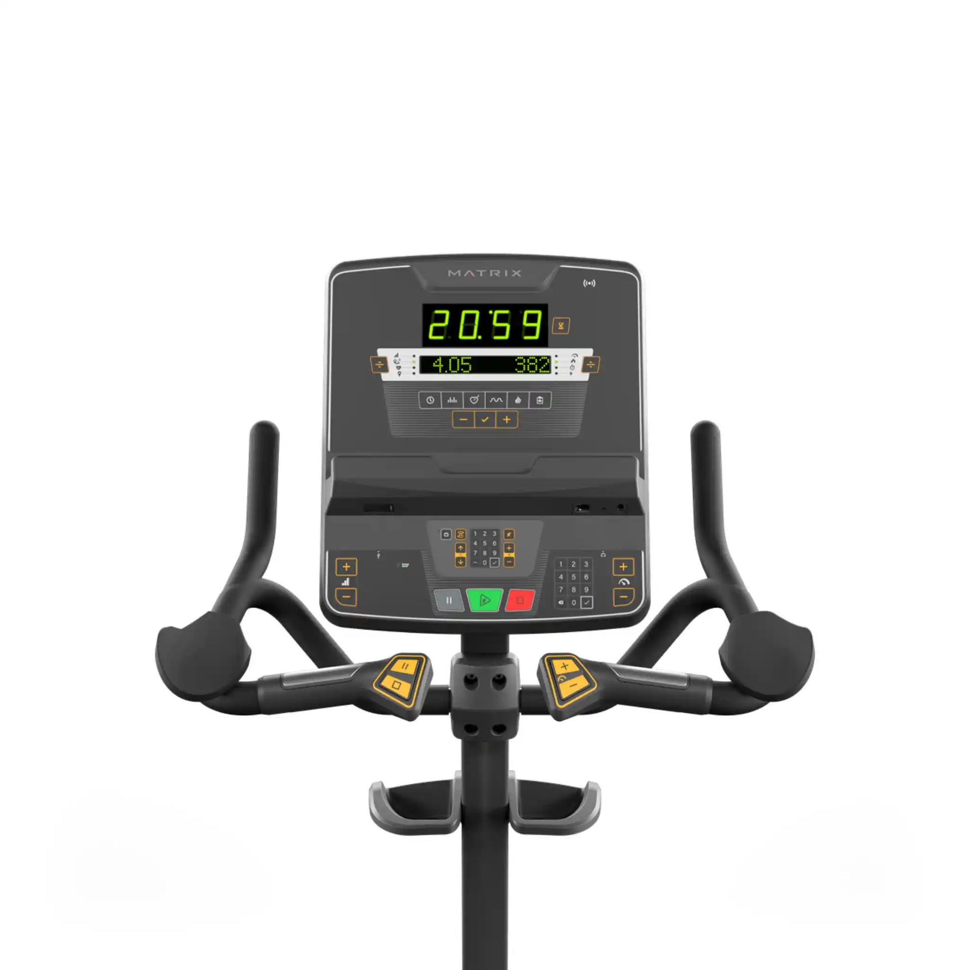Exercise bike console with digital display on a white background