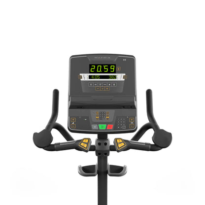 Exercise bike console with digital display on a white background