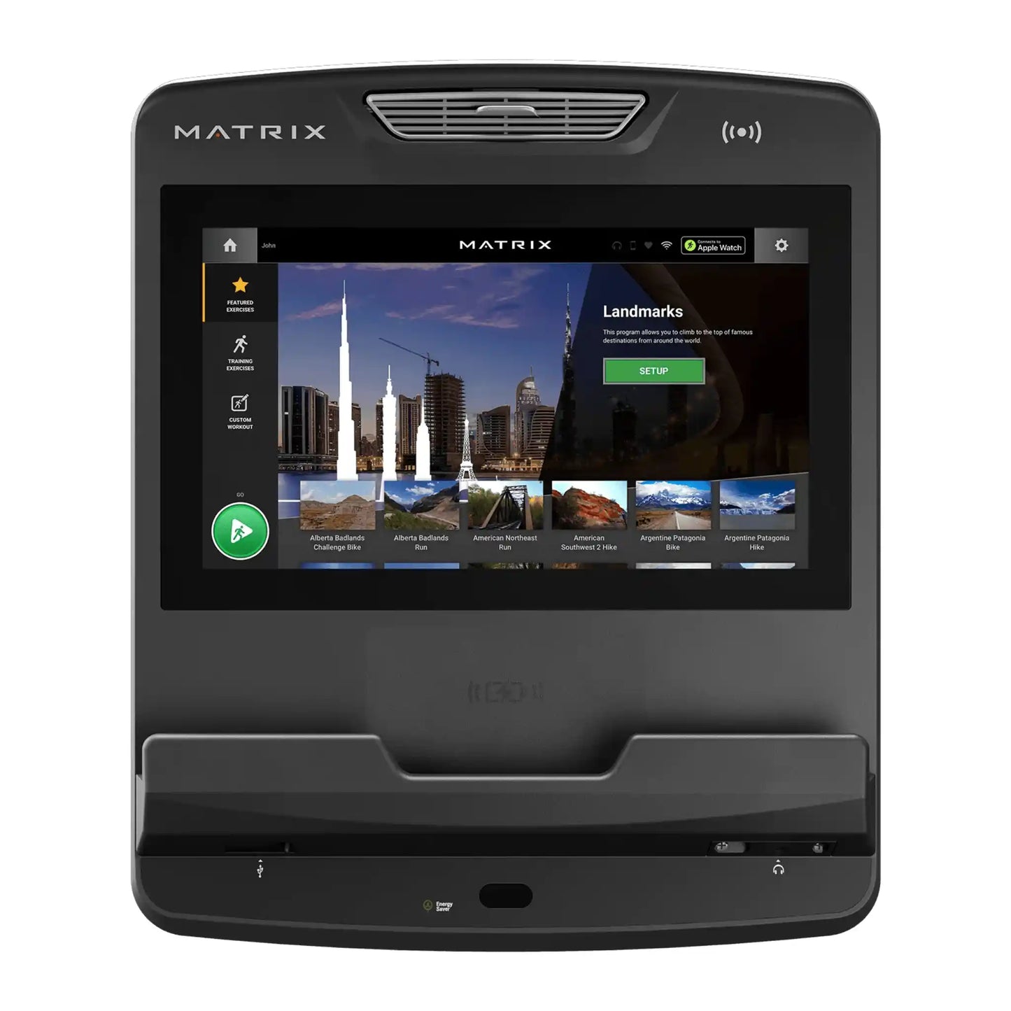 Matrix Touch Console with a display screen showing app interface on a white background