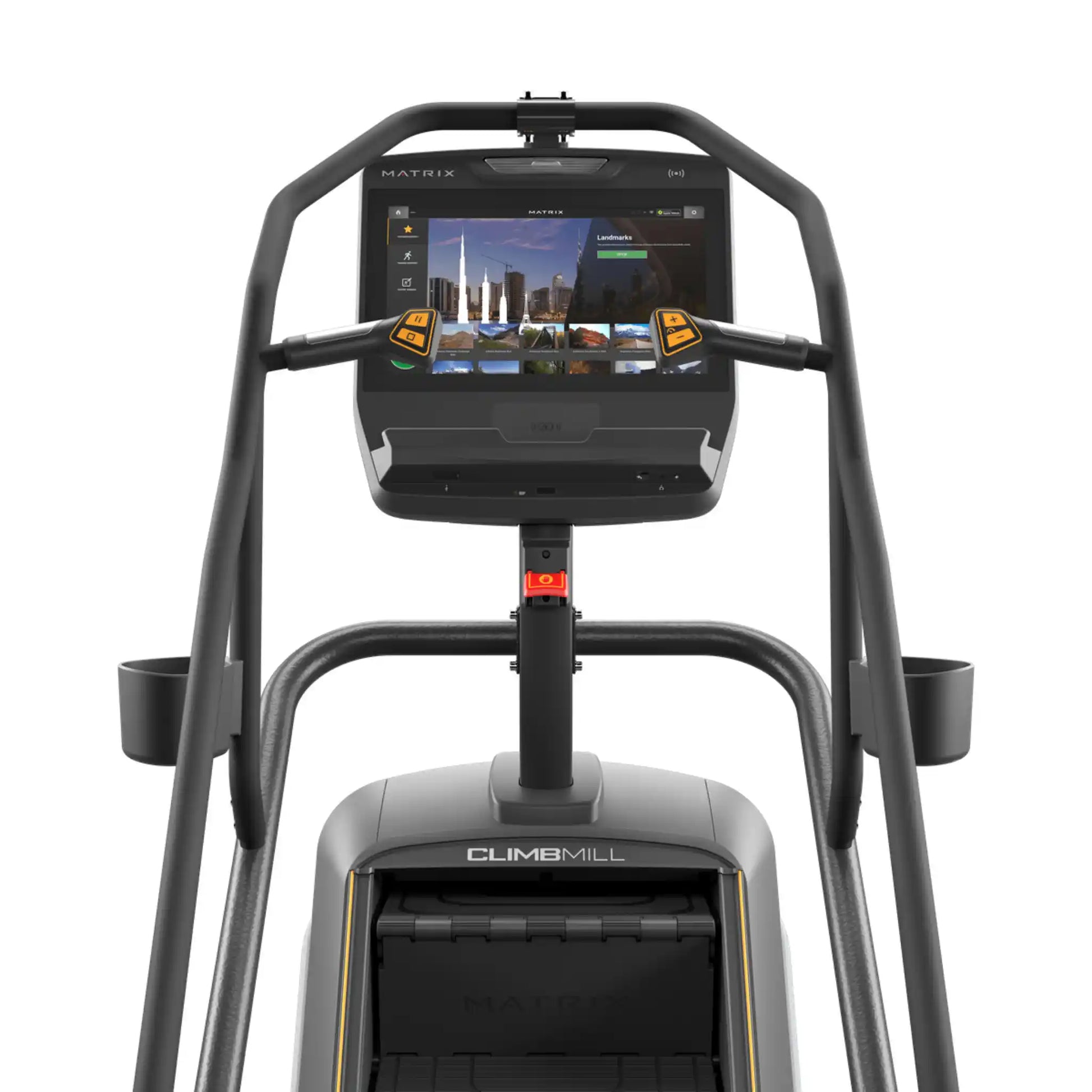 ClimbMill exercise machine with a screen displaying a cityscape on a white background