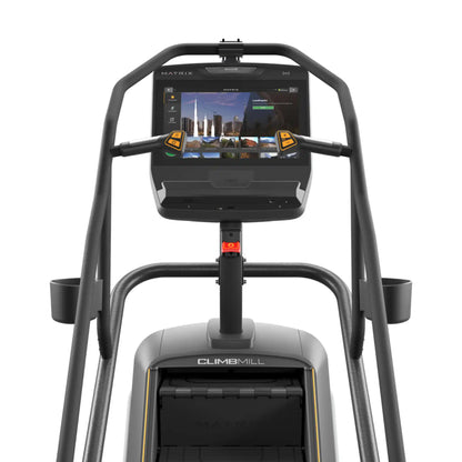 ClimbMill exercise machine with a screen displaying a cityscape on a white background