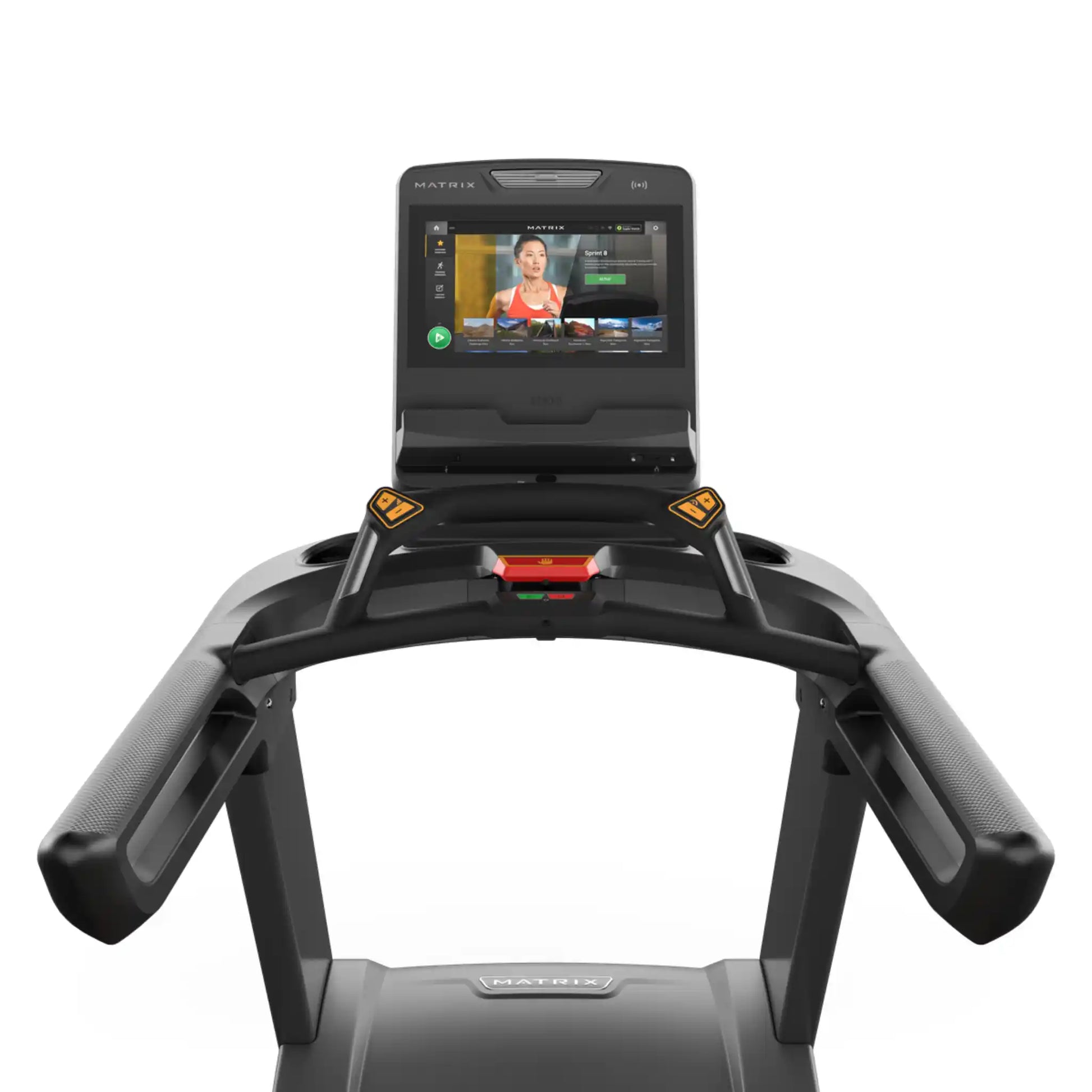 Treadmill with a digital display screen on a white background