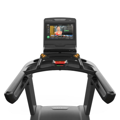 Treadmill with a digital display screen on a white background