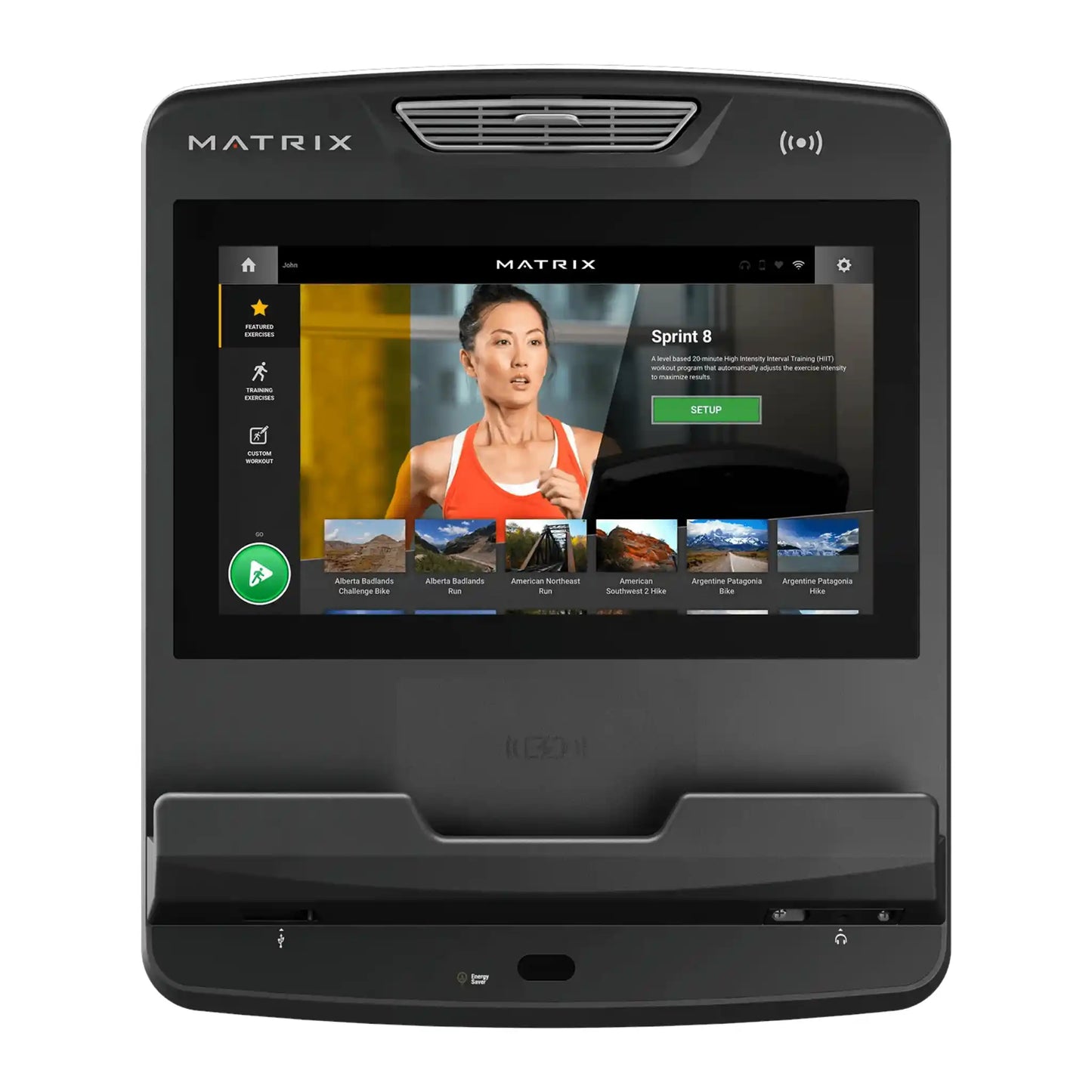 Matrix treadmill screen displaying a user interface with a woman and scenic images.