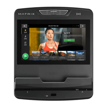 Matrix treadmill screen displaying a user interface with a woman and scenic images.