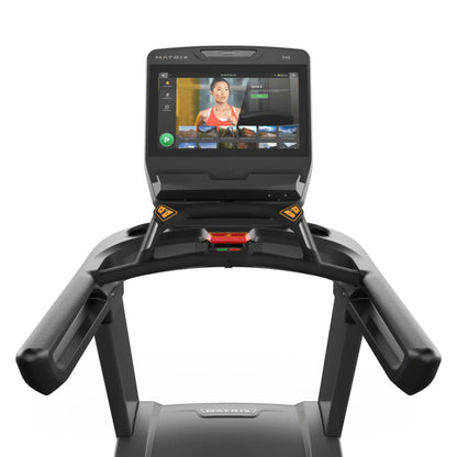 Treadmill with a Matrix fitness screen displaying a video call on a white background