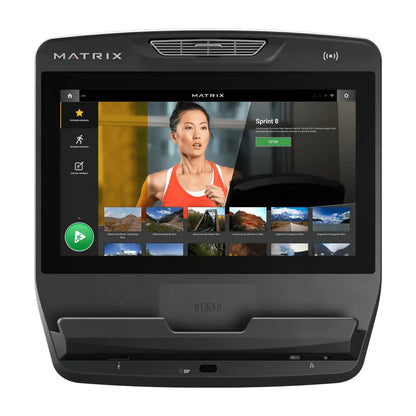 Matrix fitness machine screen displaying a woman and various images on a white background