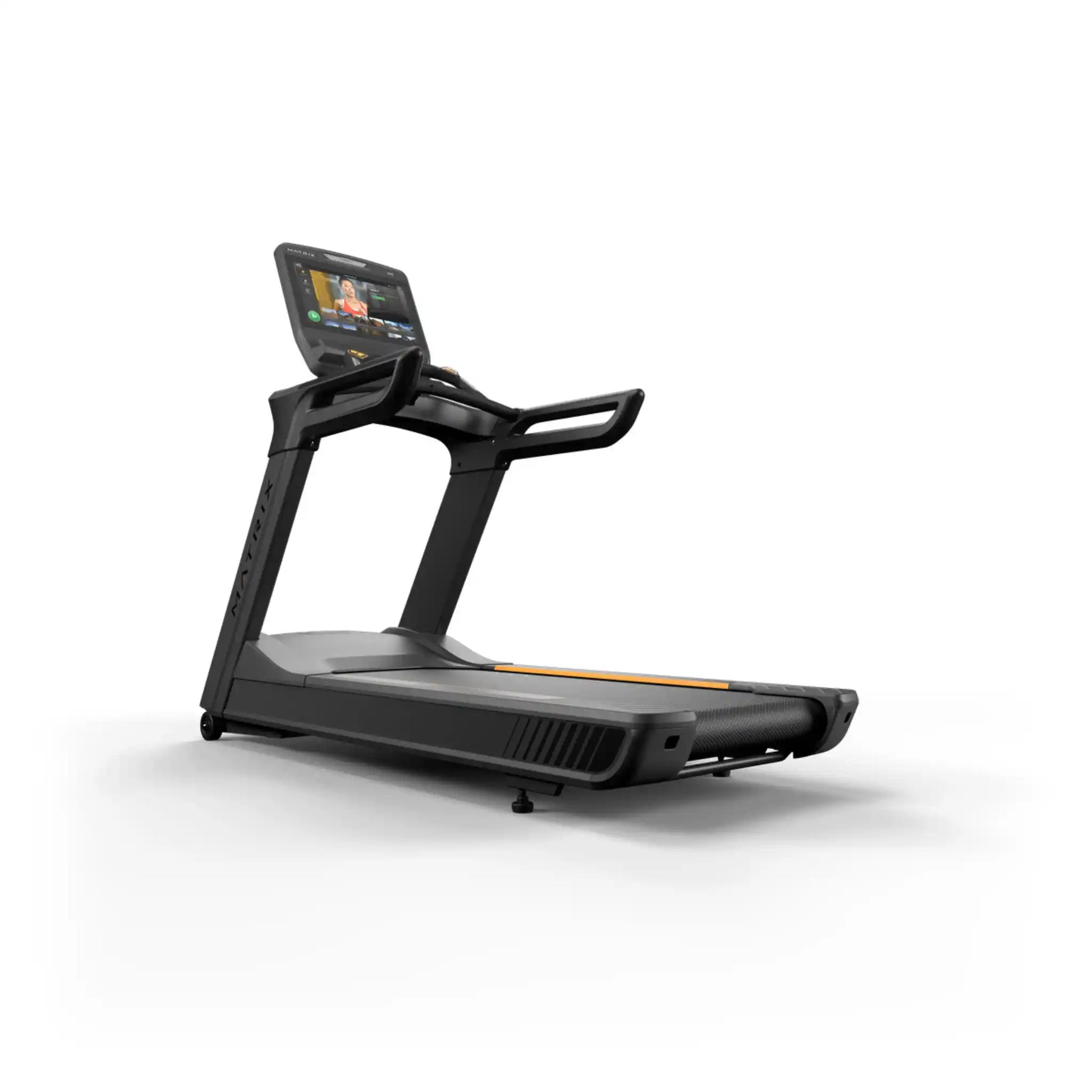 Black treadmill with a digital display on a white background