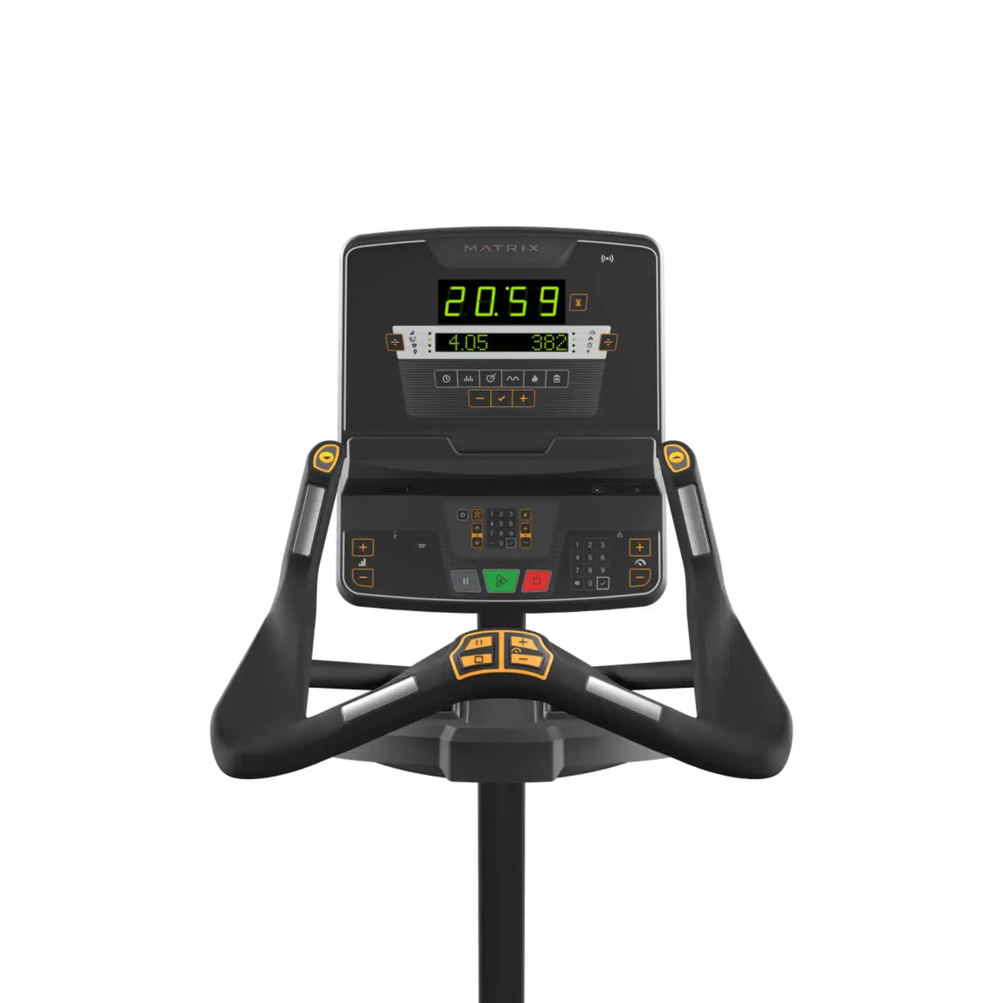 Exercise bike with digital display on a white background