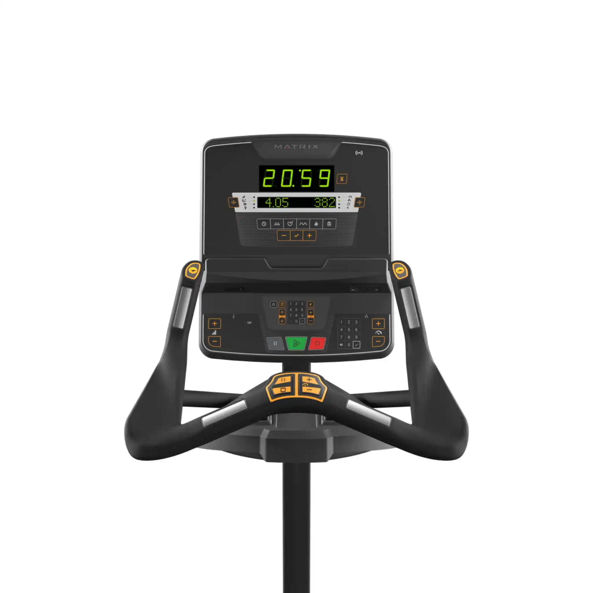 Exercise bike with digital display on a white background