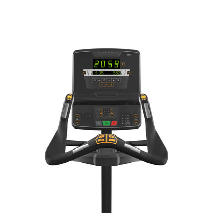 Exercise bike with digital display on a white background