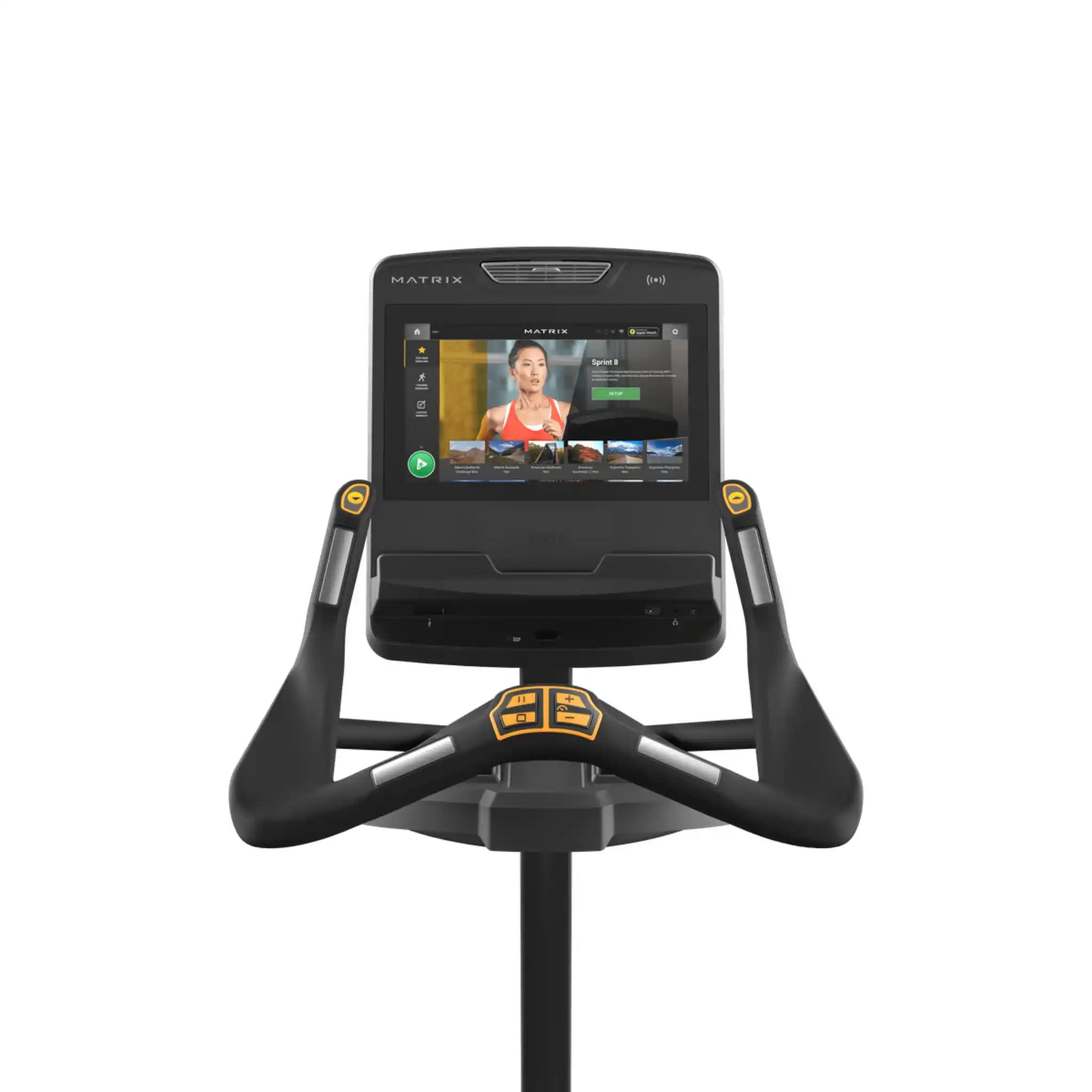 Exercise bike with a digital display screen on a white background