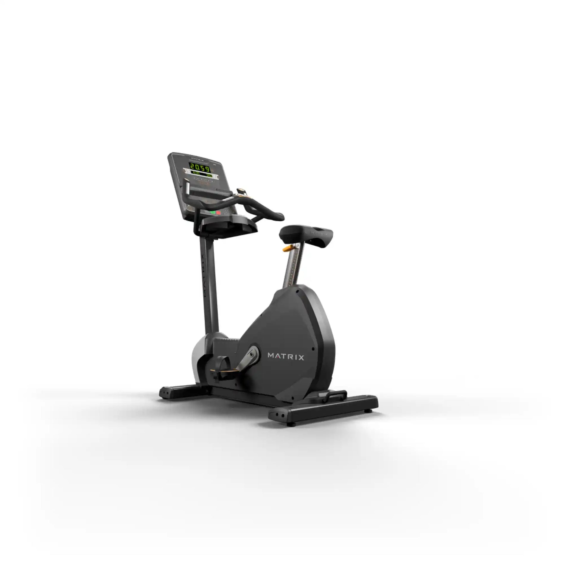 Black exercise bike with digital display on a white background