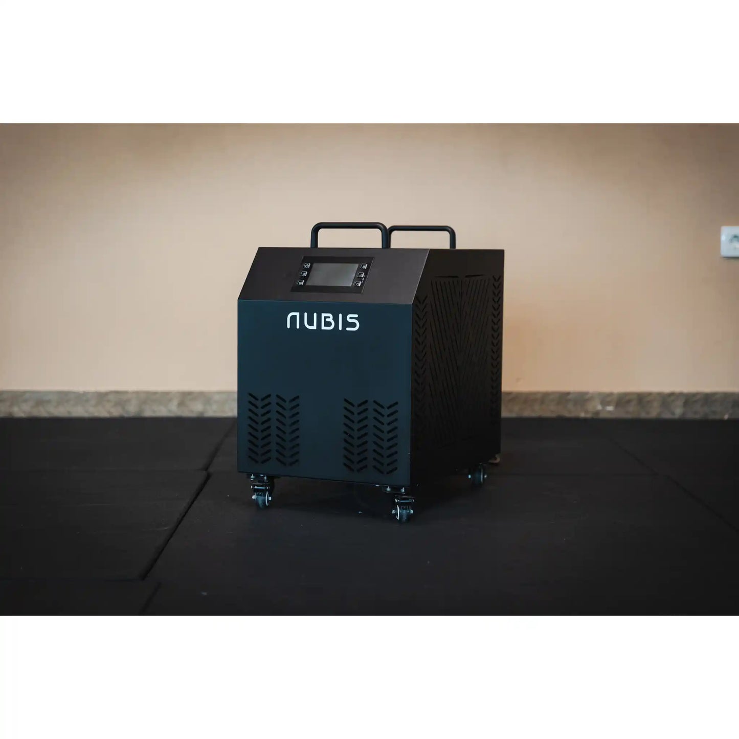 Black Ice bath chiller with Nubis branding.
