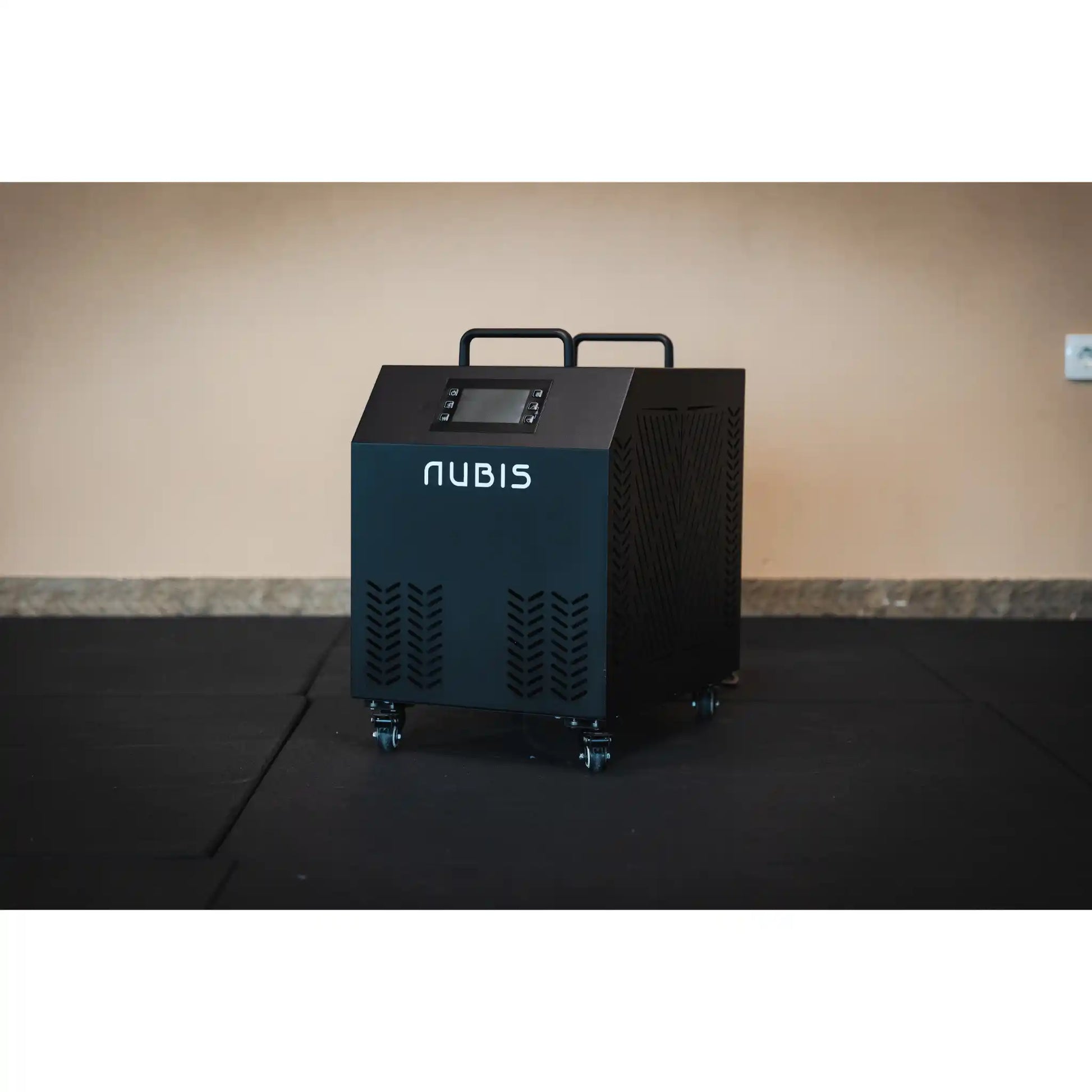 Black Ice bath chiller with Nubis branding.
