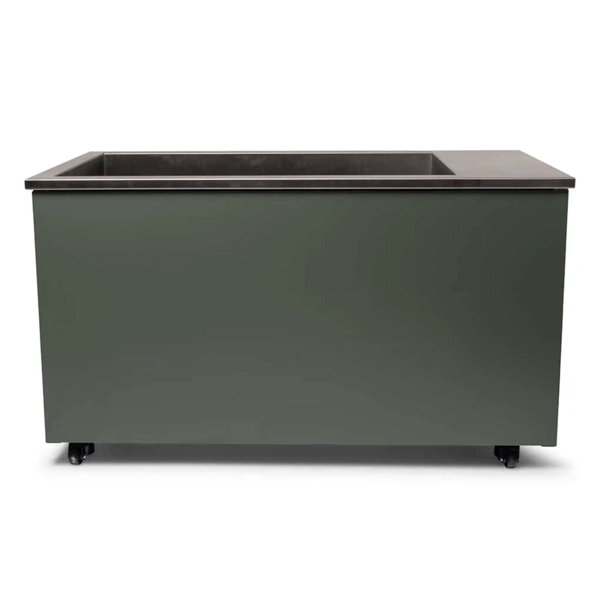 Rectangular steel ice bath on wheels with a dark gray finish on a white background