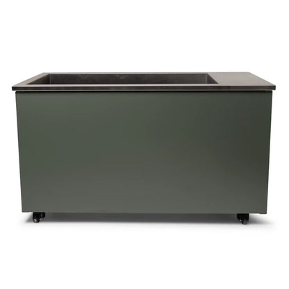 Rectangular steel ice bath on wheels with a dark gray finish on a white background