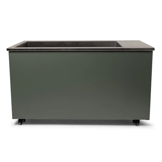 Rectangular steel ice bath on wheels with a dark gray finish on a white background