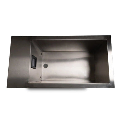 Aerial view of inside of steel ice bath on white background