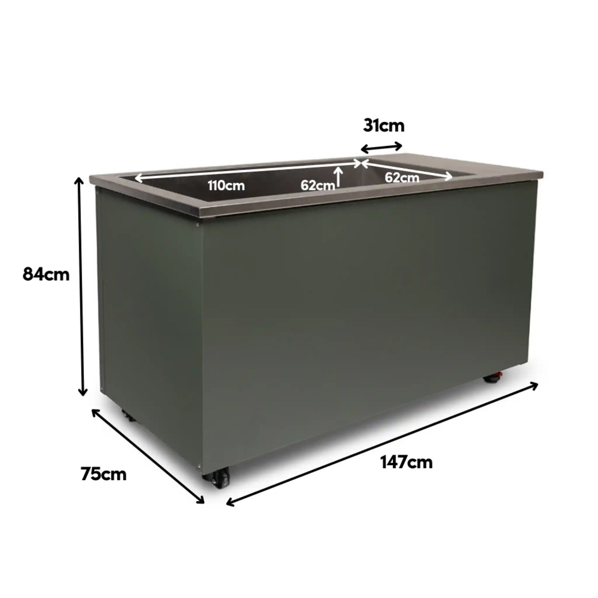 Gray metal ice bath with dimensions labeled on a white background
