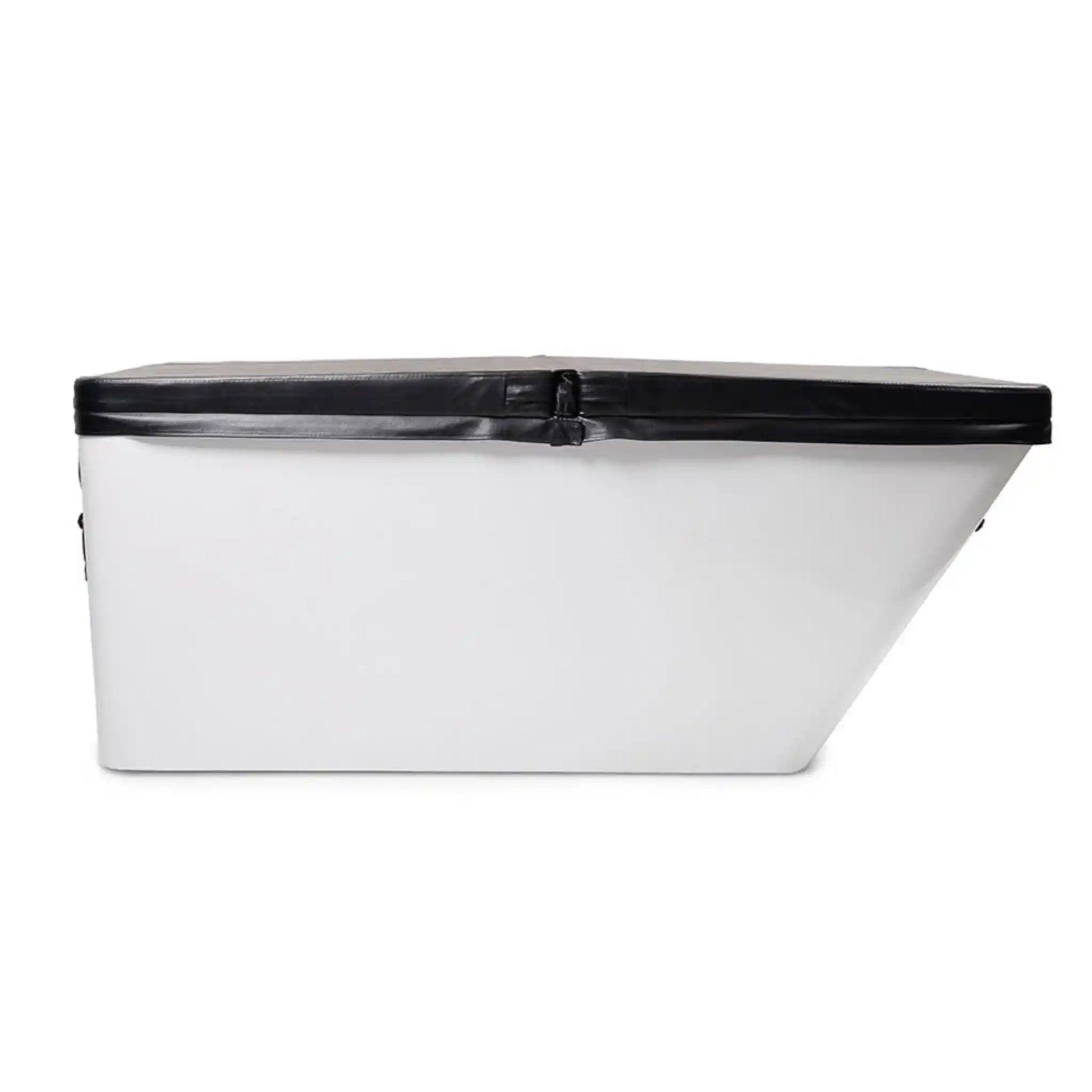 White rectangular ice bath with a black lid on a white background