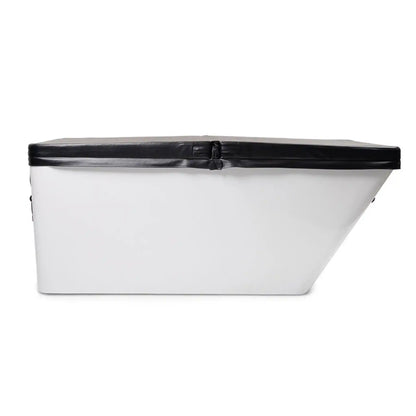 White rectangular ice bath with a black lid on a white background
