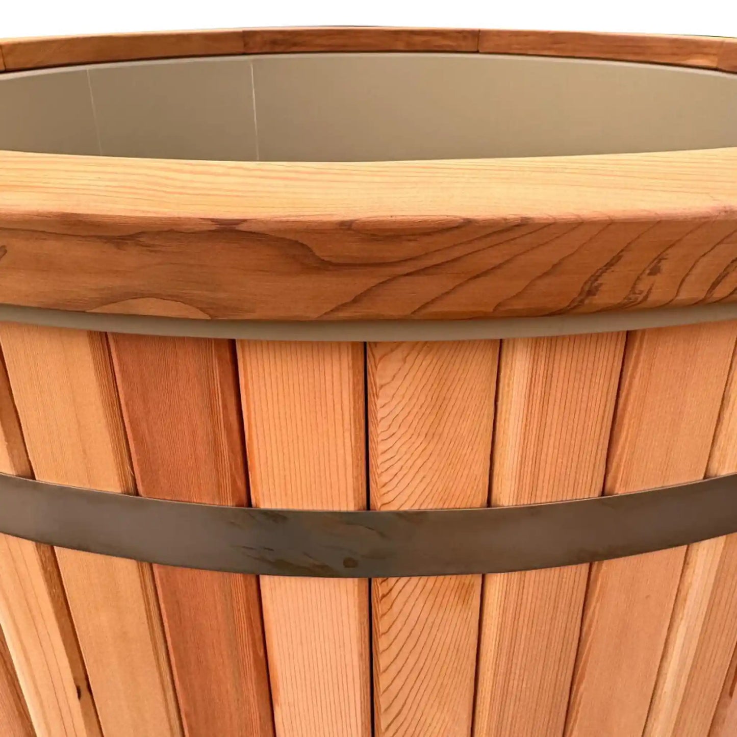 Close up of the side of a wooden ice bath