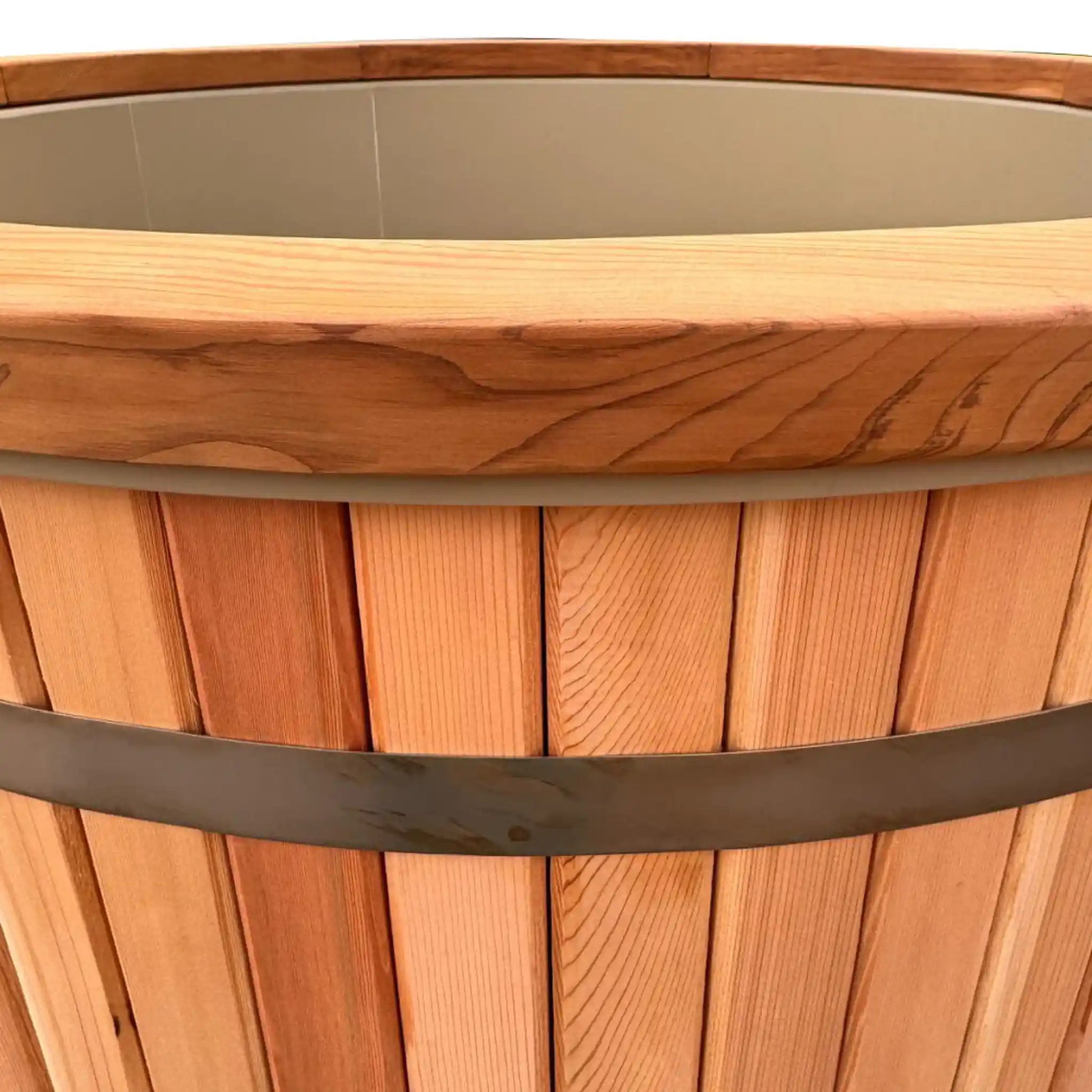 Close up of the side of a wooden ice bath