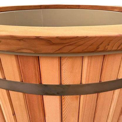 Close up of the side of a wooden ice bath