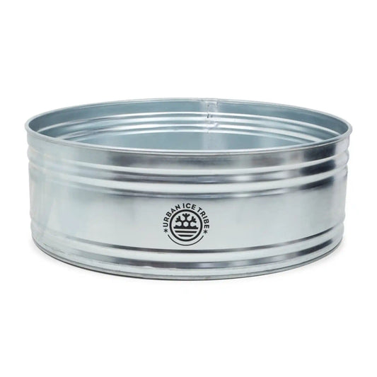 Metal ice bath with 'Urban Ice Tribe' logo on a white background