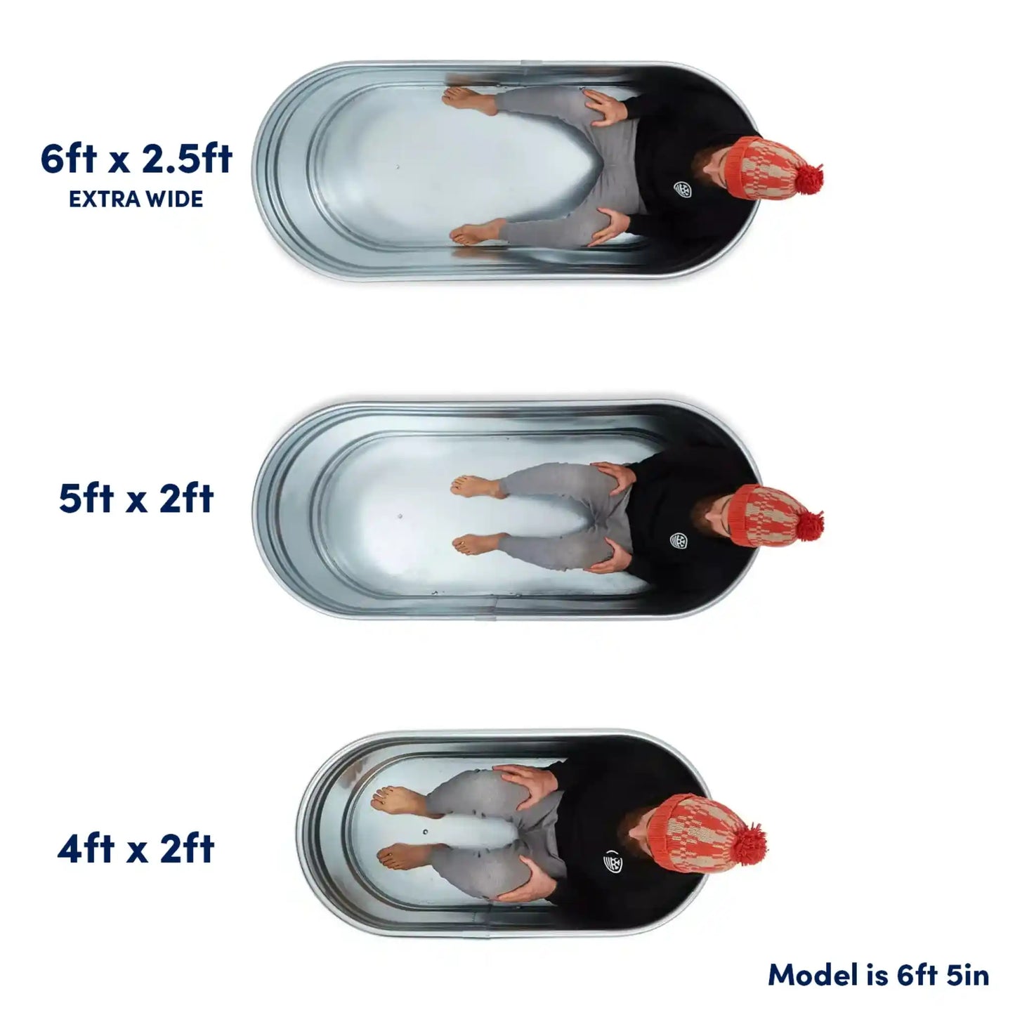 Three steel ice baths with a man sitting in each one to show size difference