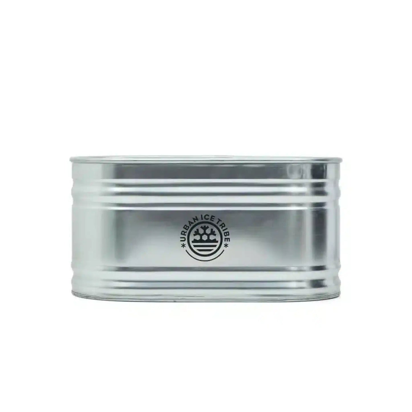 Steel ice bath, with Urban Ice Tribe branding, on white background