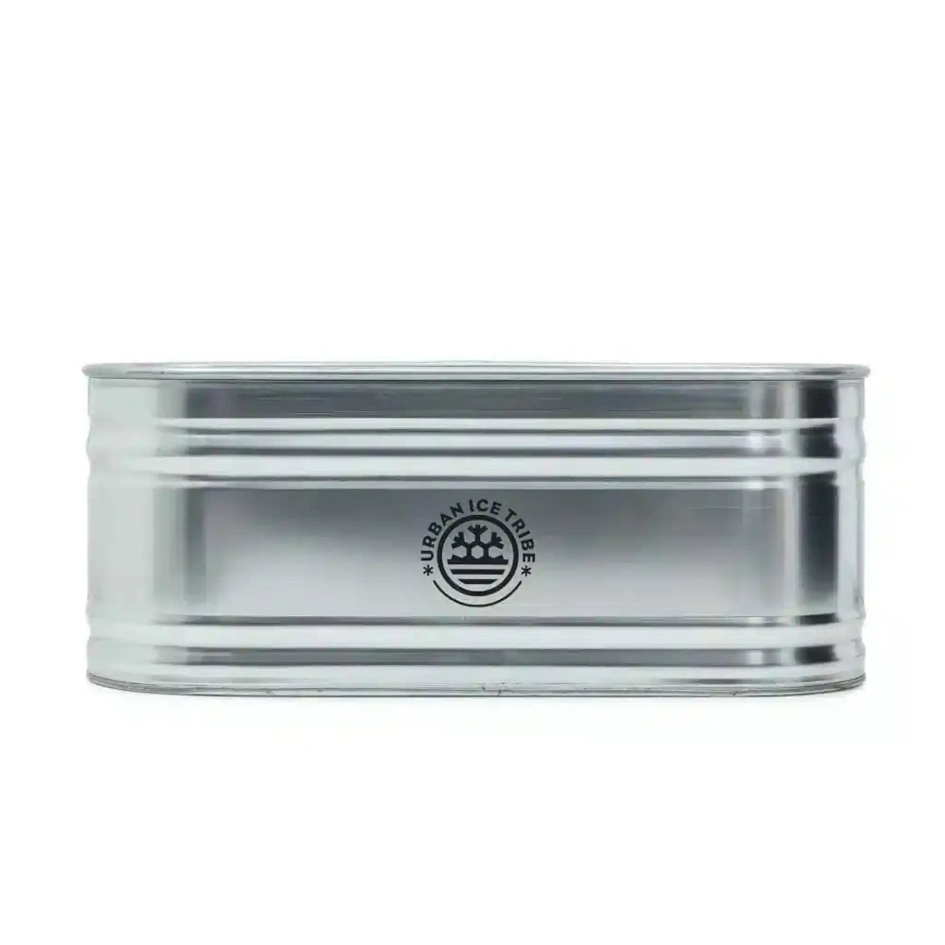 Steel ice bath, with Urban Ice Tribe branding, on white background