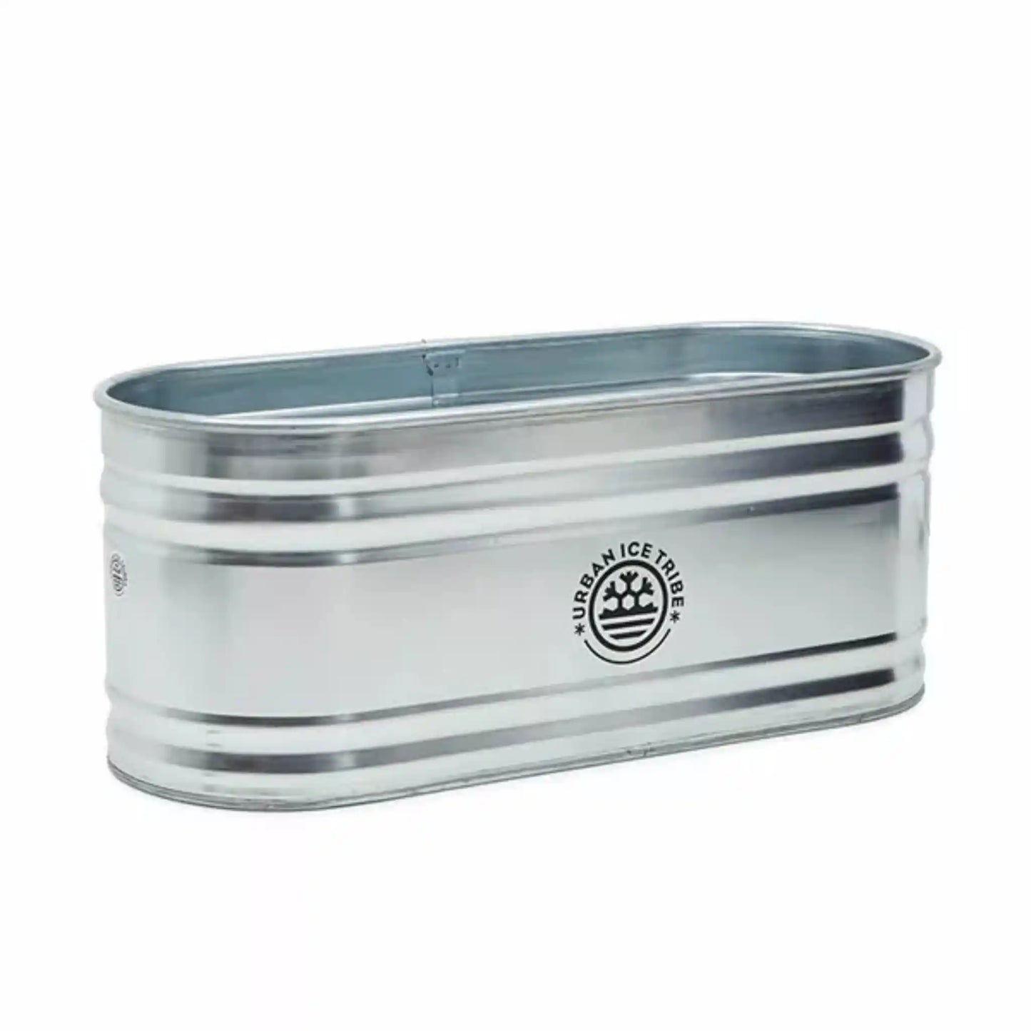 Steel ice bath, with Urban Ice Tribe branding, on white background