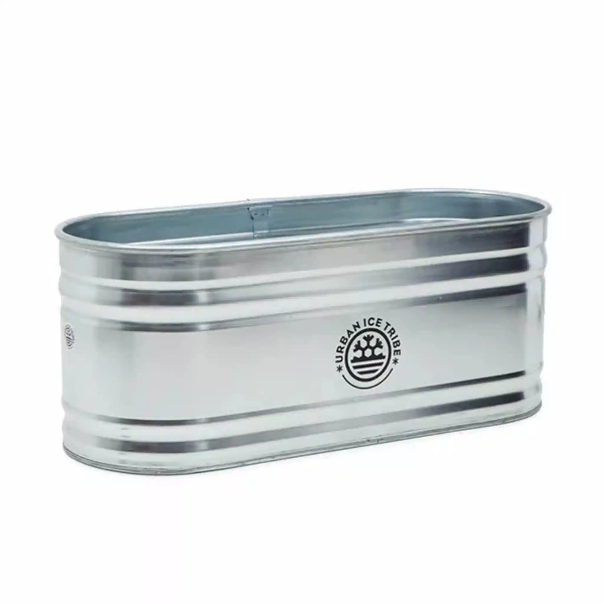 Steel ice bath, with Urban Ice Tribe branding, on white background