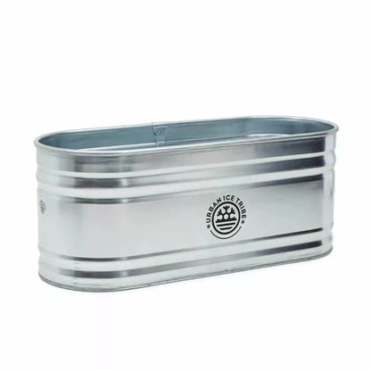 Steel ice bath, with Urban Ice Tribe branding, on white background