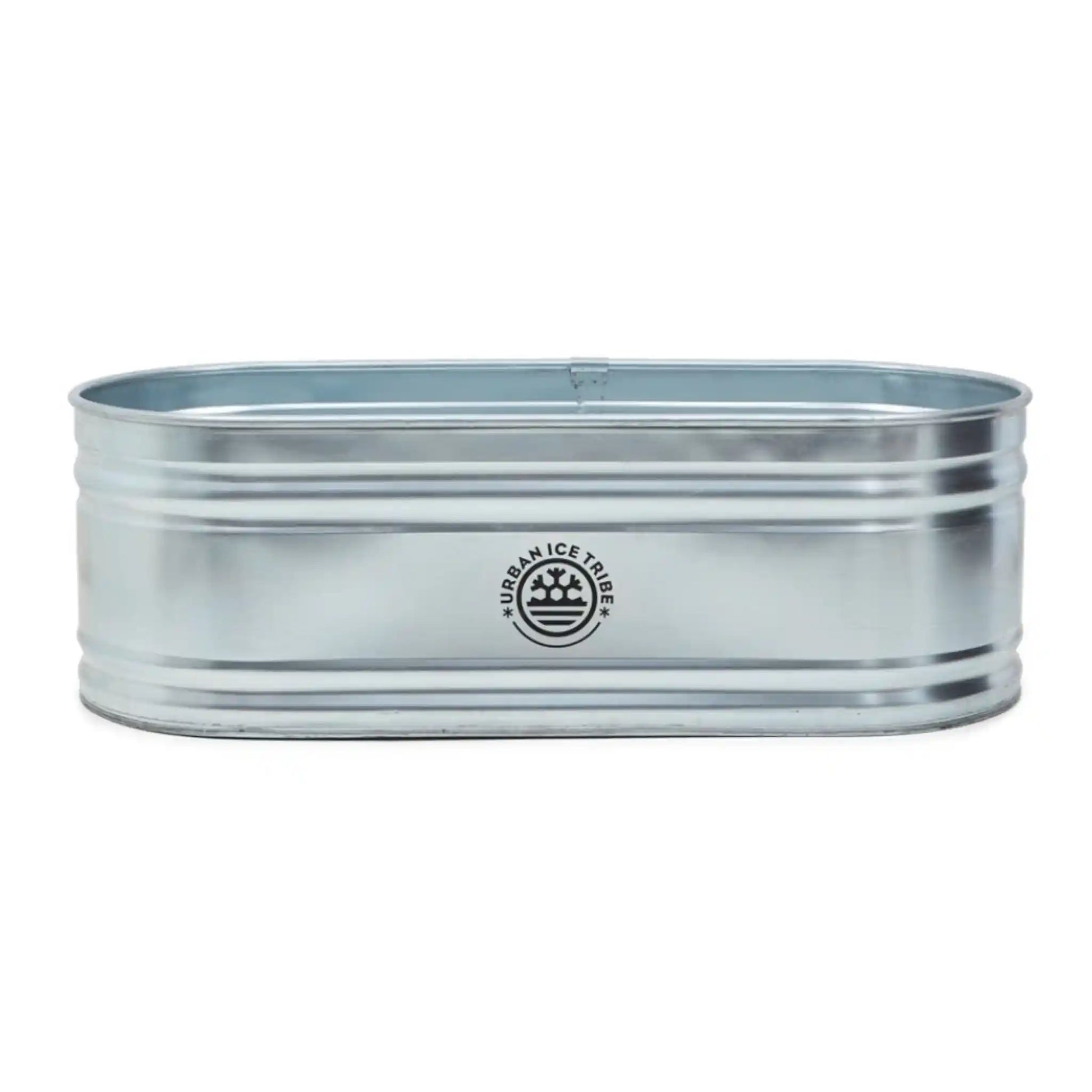 Steel ice bath, with Urban Ice Tribe branding, on white background