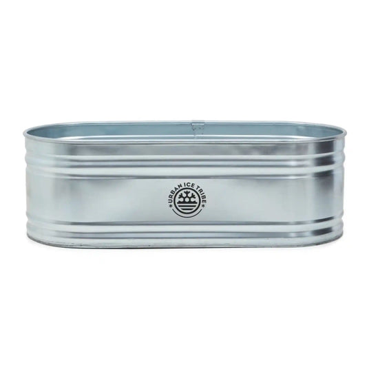 Steel ice bath, with Urban Ice Tribe branding, on white background