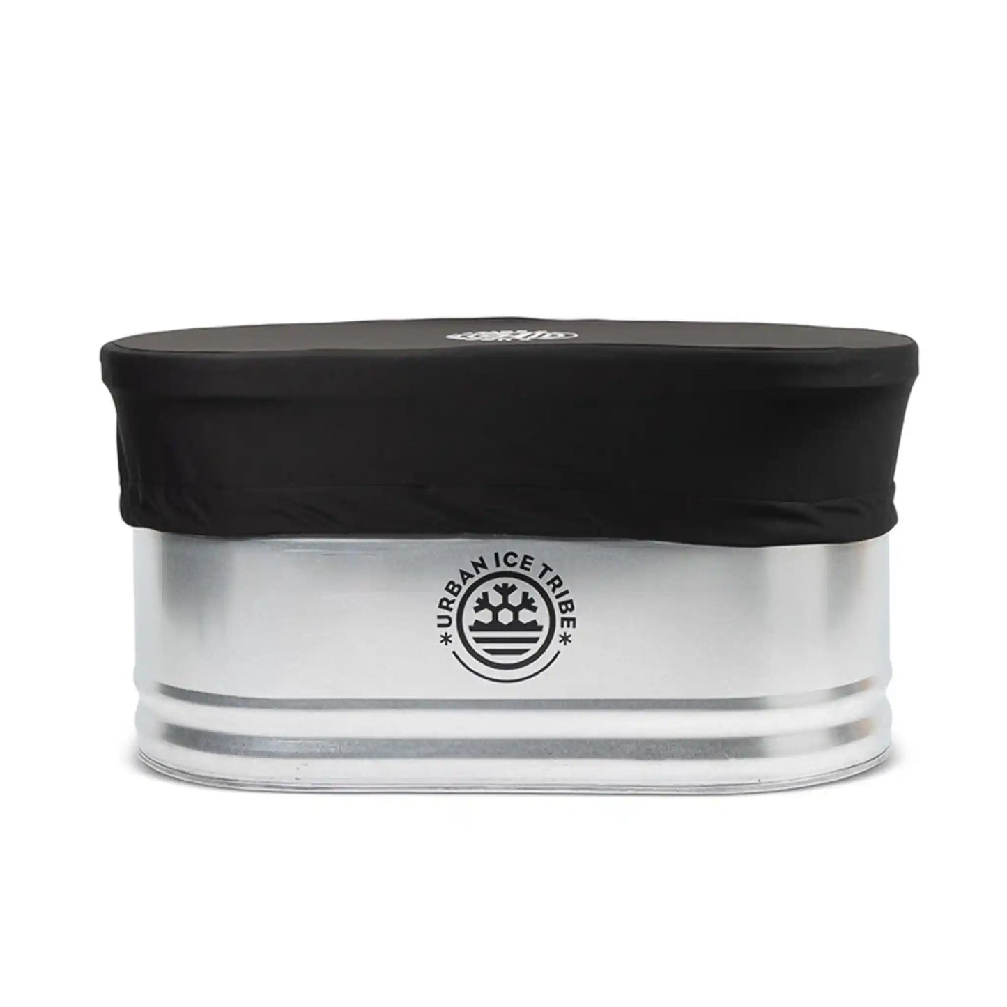 Steel ice bath and black cover, with Urban Ice Tribe branding, on white background
